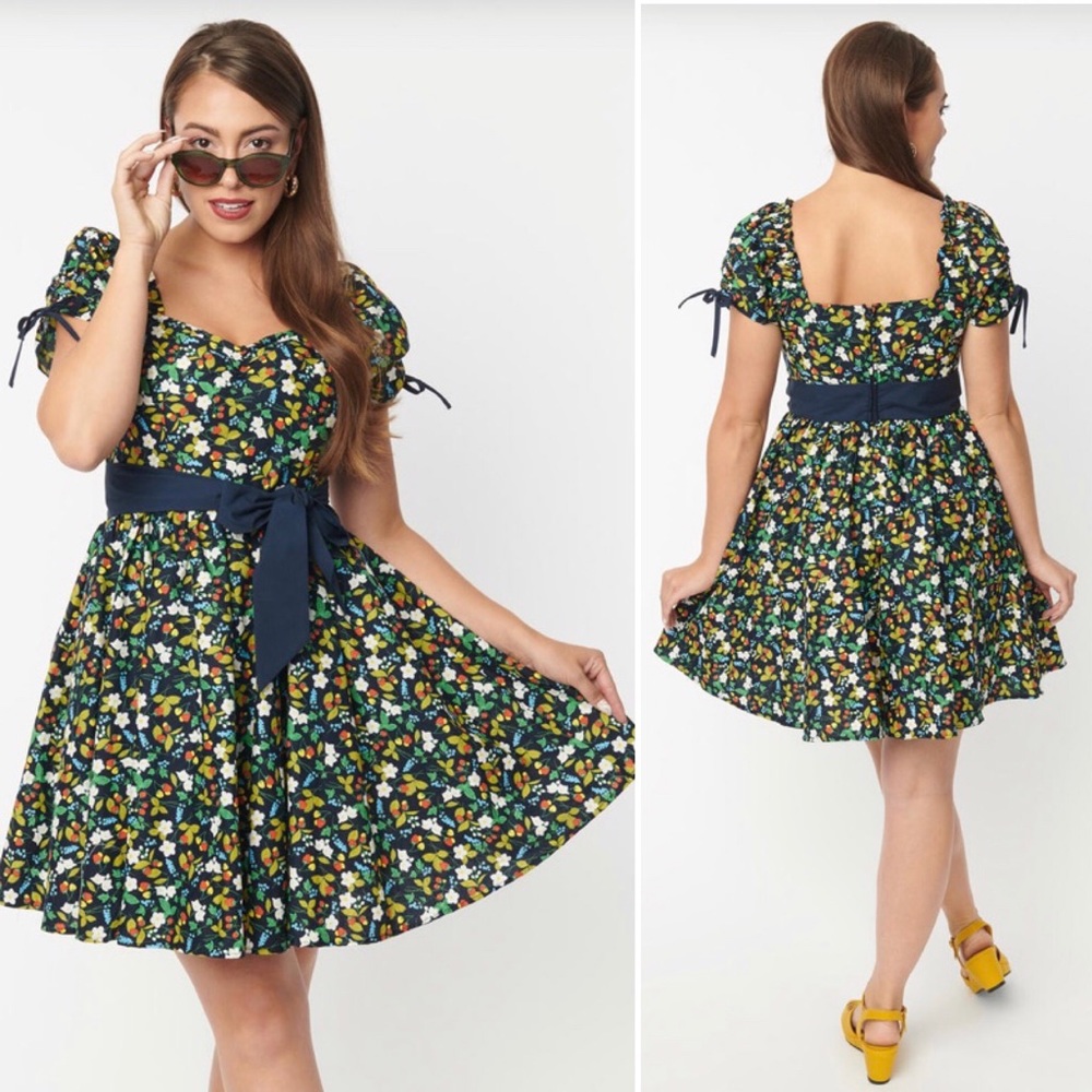 Unique Vintage Strawberry Print Dakota Flare Dress